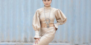 actor Rubina Dilaik shines in a designer cropped top and pants by Brand GG by Asha Gautam